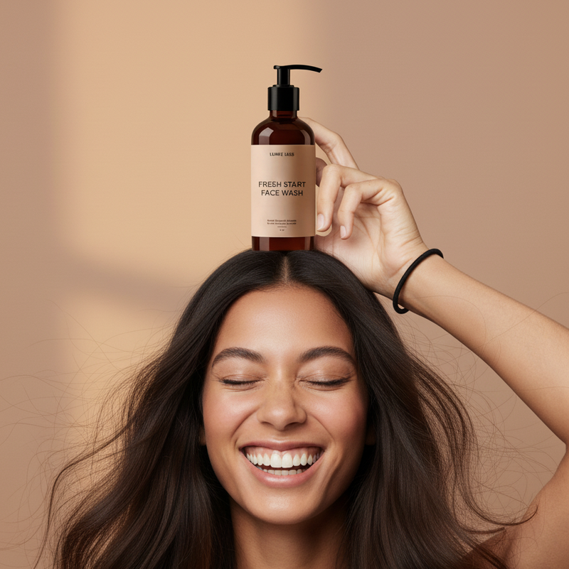 Woman with long dark hair holding a bottle of face wash on her head against a beige background
